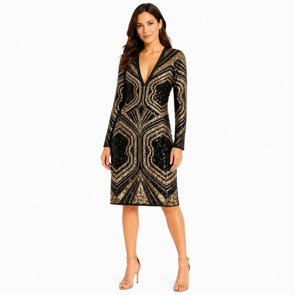 Express Sequin Mini Dress Women Small Black Gold Geometric Art Deco V-Neck NEW